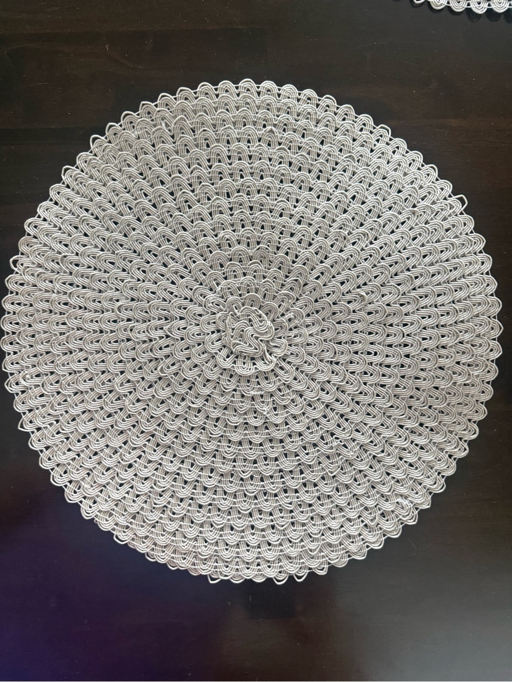 Set of 6 Round Crochet-Style Placemats in Light Gray